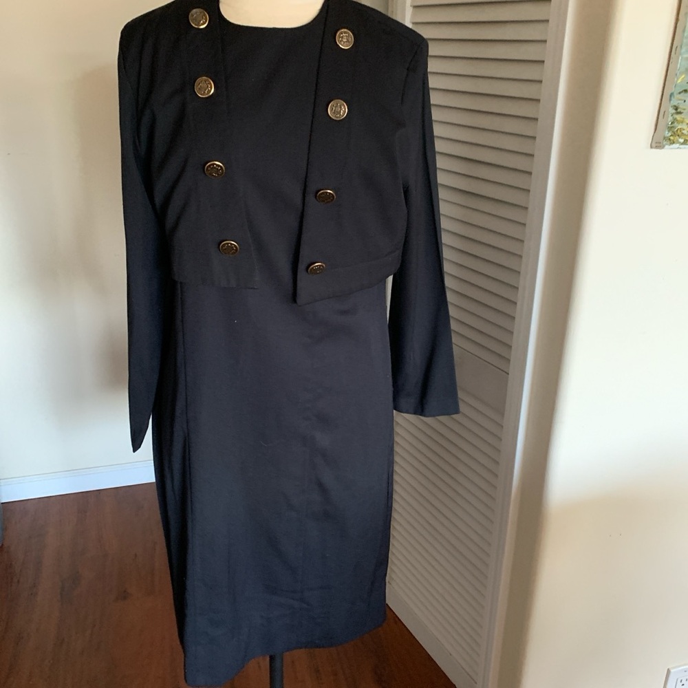 Black dress with attached simulated jacket with Gold Buttons